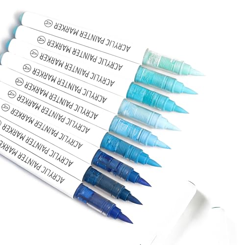 Acrylic Paint Markers,Solid Color Series 9 pcs Acrylic Paint Pens Set Brush Tip Acrylic Paint Pens for Artists Adults,for Rock Painting, Ceramic Mugs,Eggs,Canvas DIY Crafts（Blue） - color: Blue