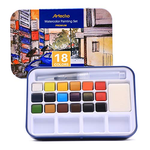 Artecho 18 Colors Watercolor Paint Set, Portable Travel Tin Box with Brush - color: 18 colors