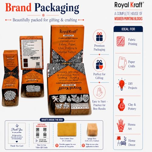 Royal Kraft Wooden Stamps for Block Printing on Saree Border, Textile, Clay, Pottery, Tattoo (Set of 10) MXtag0008 - color: Mxtag0008