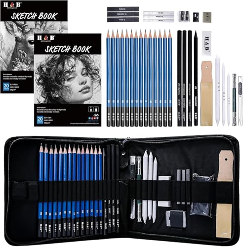 H & B 36 Pack Drawing Set Sketch Kit,Sketching Supplies with 2 sketch pad, Graphite Pencils, Charcoal Sticks, Eraser, Pro Art Drawing Kit for Artists Beginner Adults, Ideal for Shading, Blending - size: 36 Piece Set