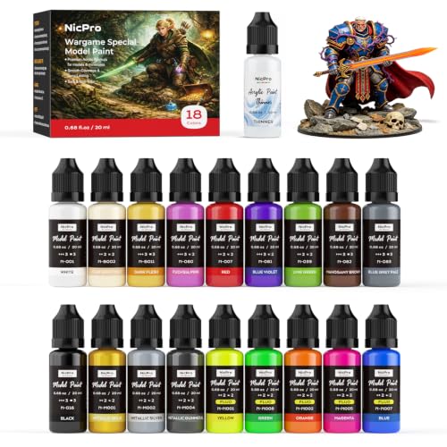 Nicpro 18 Colors Wargame Special Acrylic Paint Set Ready to Use Model Paint | 20ml, Brush & Airbrushing, Realistic & Historical Finish Miniature Paints for Sci-Fi, Model Kits, Scale Figures, 1 Thinner - style: Wargame Special