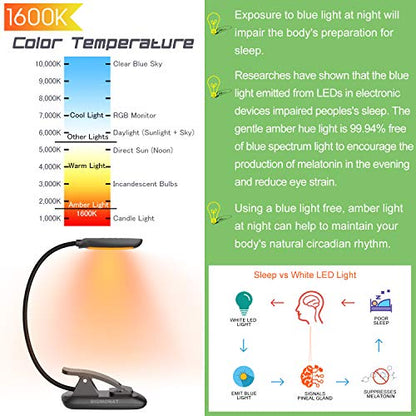 BIGMONAT Led Book Reading Light, Rechargeable Amber Book Night Light, Portable Bendable Neck, USB, Brightness Adjustable, Reduces Eye Strain, Black - color: 1Pack - Black