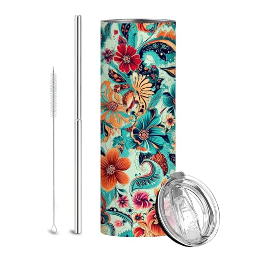 Firmiso 20 oz Tumbler｜Skinny Insulated Travel Mug｜Paisley Floral Stainless Steel Cup with Lid and Telescopic Straw｜Boho Botanical Drinkware｜Elegant Gifts Idea for Women - color: Paisley Floral