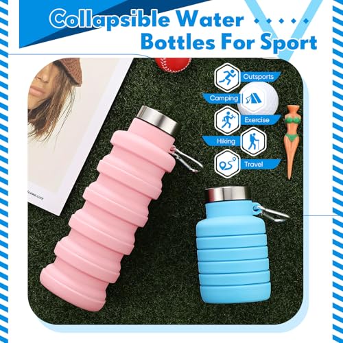 Baderke 2 Pcs Collapsible Water Bottles 17oz Silicone Travel Foldable Portable Water Bottle with Buckle Silicone Lightweight Reusable Leakproof for Camping Hiking Cycling Sport(Pink, Blue) - color: Pink, Blue