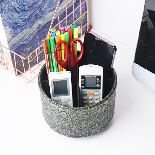 Round Leather Art Supply Organizer,Remote Control Holder,360 Degree Spinning,Multi-Functional Pencil Holder,4 Compartments Desktop Stationary Organizer(1-Carved Metal Green2) - color: 1-Carved Metal Green2