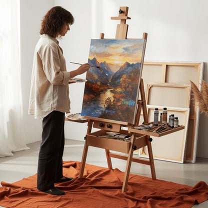 Beech Wood H-Frame Easel for Painting with Tray & Drawer, Natural | Heavy-duty Floor Adjustable Height & Angle Studio Art Easel Stand, Holds 30"-50" Canvas, Foldable Painting Easel for Adults - color: Natural