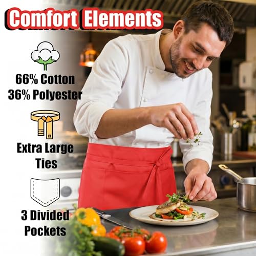 TOSHE Waist Apron 3 Pockets Waterdrop Resistant Cotton Server,Chef,Waitress - color: Red
