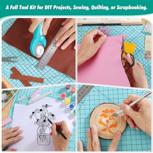 Rotary Cutting Mat and Tools Set, Audab 45mm Fabric Cropping Cutter Wheel with A3 Self Healing Sewing Mat, Blades, Quilting Ruler and Clips, Crafts Knife for Shirt Cloth Patchworking Scrapbooking