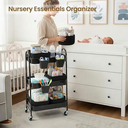 3-Tier Rolling Utility Cart with 4 Woven Baskets, Diaper Book Snack Cart, Storage Organizer for Nursery, Kitchen, Craft Room, Home SPA, Living Room, Metal Frame Trolley on Lockable Wheels, Black - color: Black