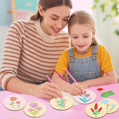 DOTSOPS 8 Pcs Flowers Diamond Art Coasters for Adults with Holder 4 in - color: Flowers-A
