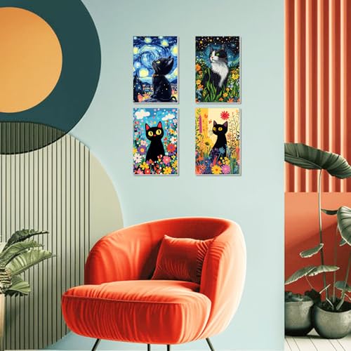 4 Pack Framed Paint by Numbers Kit for Adults Beginner Canvas Painting by Numbers for Adults Black Cat Easy Adult Paint by Number Kits with Frame Starry Night Watercolor Painting by Number 8x12 Inch - color: YFd0104