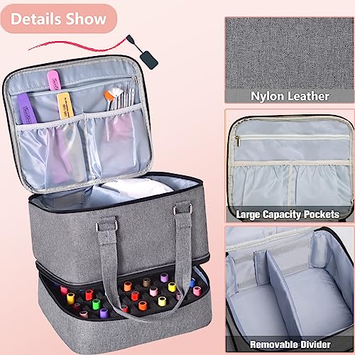 FCQQYWZ Nail Polish Organizer Case - Holds 42+ Bottles (15ml/0.5 fl.oz) and 1 Nail Lamp, Upgraded Double-layer Nail Polish Carrying Case Nail Polish Storage Bag with Handles (Grey) - color: Grey-42Bottles