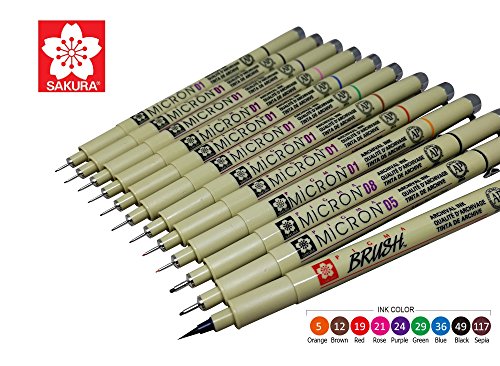 Sakura Pigma Micron Artist pens 12 Fineliner Archival Ink Black & Colors, 8 Assorted Colors with 4 Black (01, 05, 08, Brush Pen)