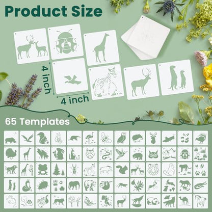 Amrules 65 Pcs Painting Stencils, Animals Theme, 4 x 4 Inch | Plastic, Drawing Templates Set for Crafts, Reusable DIY Art Stencil, For Wood, Walls, Cards, Fabrics, Rocks, Home Decoration - style: Animals