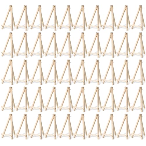 50 Pack 6 Inch Mini Wooden Display Easel, Natural Wood Tabletop Easel Stand for Painting, Small Artist Easel for Canvas Photos Cards Crafts