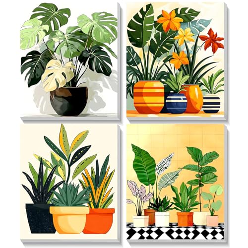 TOSTOG Tropical Potted Plants 4 Pack Framed Canvas Paint by Numbers Art Kit for Adults and Kids, Beginner Acrylic Oil Painting Supplies with Wooden Frame for Home Wall Decor 20 * 25 cm/8 * 10 in - color: Tropical Potted Plants