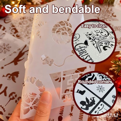 Reusable Christmas Stencils Set of 12 - Stencils for Painting On Wood, Walls, Fabric,Windows - Santa, Snowman, Pine Tree, Deer Xmas Holiday Stencil for Christmas Decorations (Christmas-7v) - style: Christmas-7v