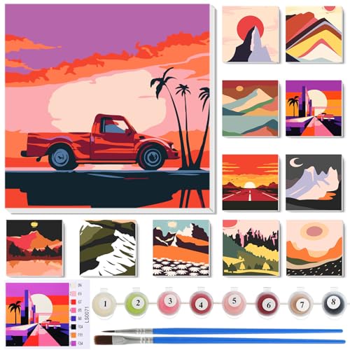 Nezyo 12 Sets Paint by Numbers Kit with Frame, Acrylic Canvas 8x8in | Beginner Friendly DIY Sets for Painting Party Classroom Birthday Gifts, Includes Numbered Canvases Brushes Paints - style: Travel