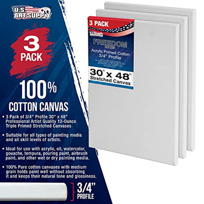 U.S. Art Supply 30"x48" Stretched Canvas for Painting, 3/4" Profile, 3-Pack - size: 30" x 48"