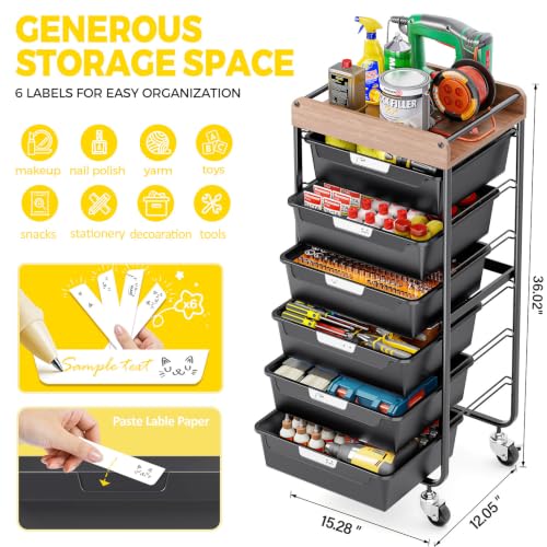 SYKIARIOL Utility Cart with 6 Labeling Drawers and Wooden Tabletop - color: Classic Black, size: 6-Drawer