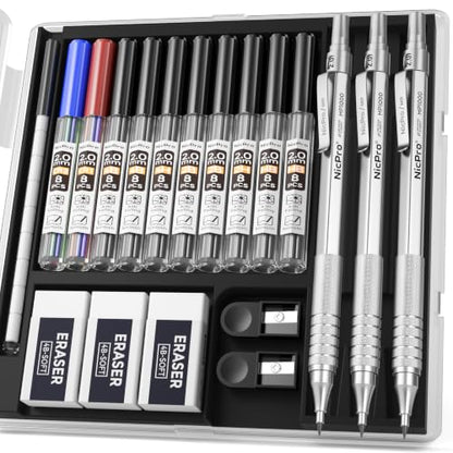 Nicpro 3 Pack 2.0 mm Mechanical Pencil Set with Case for Architects - color: Silver