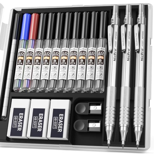 Nicpro 3 Pack 2.0 mm Mechanical Pencil Set with Case for Architects - color: Silver