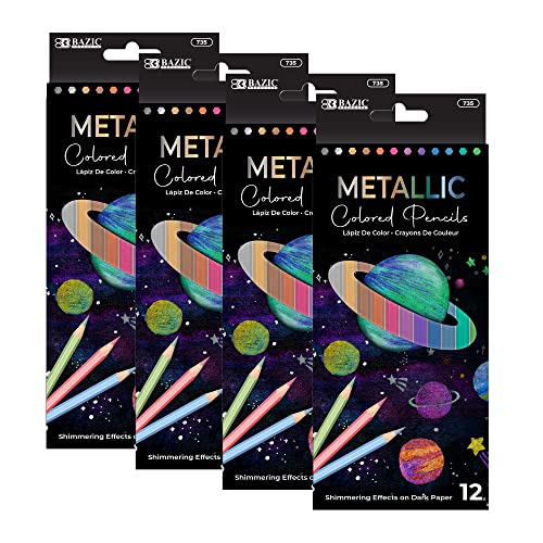 BAZIC PRODUCTS Metallic Colored Pencils, 12 Colors, Pre-Sharpened, 4-Pack | metallic shades; pre-sharpened wood barrels; drawing; coloring books; posters; shading; art projects - size: 1 Count (Pack of 4)