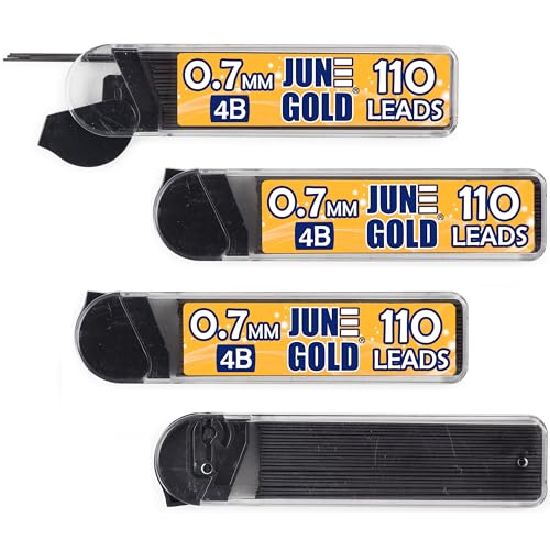 June Gold 0.7 mm, 440 Lead Refills, 4B, 4 Dispensers/w 110 Pieces Each | Medium Thickness, Break Resistant Graphite, Elegant Dispensing Mechanism - color: 4b Graphite, style: 0.7 mm