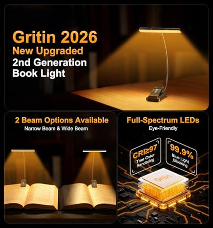 Gritin 2026 Gen 2 Book Light for Reading- 32 Eye Caring Full Spectrum LED - color: Black
