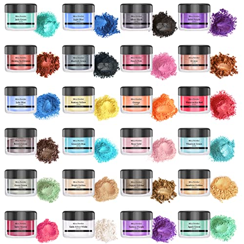 SEISSO Mica Powder - 24 Colors, 0.35 oz(10g) Bottles - Mica Glitter & Pigment for Epoxy Resin, Lip Gloss, Soap, Candle, Bath Bomb, Art Crafts, Nails, Slime - color: 24 Colors