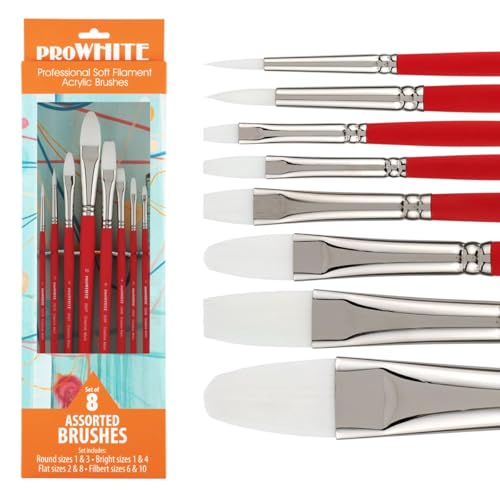 Creative Mark Pro White Soft Filament Acrylic Paint Brushes - Assorted Professional Set of 8 - Seamless Ferrule - Short Wood Handle Brushes for Acrylic Painting, Watercolor, Gouache, Oils & Casein - size: Assorted