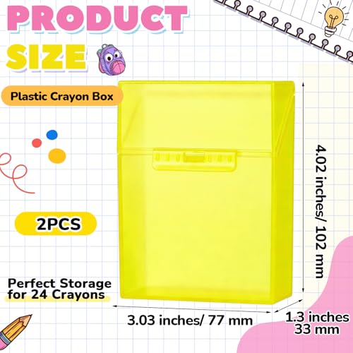 Clabby 2 Pcs Clear Plastic Crayon Boxes Hold 24 Count, Yellow | Organizer Box, Case, Colorful, Portable Storage Holder with Snap Lid, for Kids Boys Girls School Classroom Home Art Supply - color: Yellow