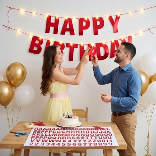 TaoBary 112 Pcs DIY Banner Letters Kit with Numbers,Bright Red | 107 Glitter Letters Numbers with Rope and Needle, Reusable for Birthday, Halloween, Christmas, Wedding, Valentine Decor - color: Bright Red