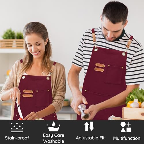 Chef Canvas Aprons with 3 Large Pockets Adjustable Strap for Men Women - color: Red