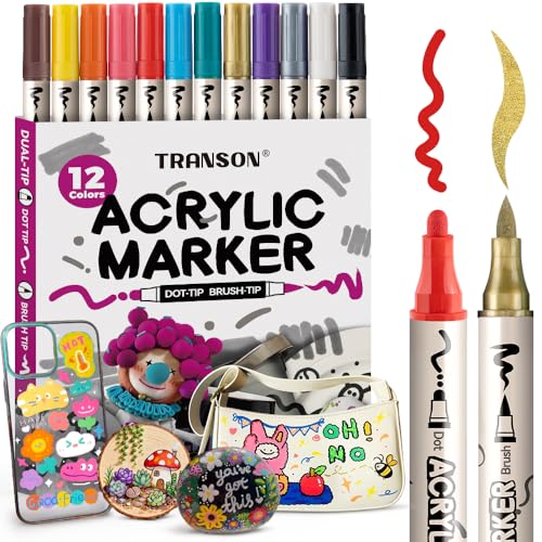 TRANSON 12 Colors Bold and Brush Dual-tip Acrylic Paint Marker Pen Set for Canvas Rock Wood Leather Ceramic DIY Painting - color: 12 Colors