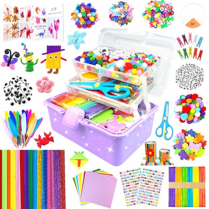 3000 Arts and Crafts Supplies for Kids Craft Kit Craft Box with Pipe Cleaners Arts and Crafts for Kids Age 4-6, 6-8, 8-12 DIY School Supplies Materials Set Toys Gifts for Girls Boys Toddlers, Purple - color: purple