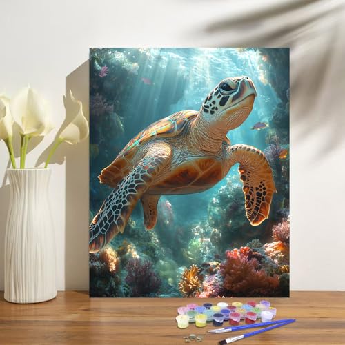Sea Turtle Paint by Numbers Kit for Adults Beginner Animal Oil Painting Kit Adult Paint by Number Kits on Canvas DIY Painting for Beginners Art by Numbers Turtle for Gifts Home Wall Decor 16x20 Inch - color: YF004