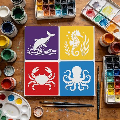 CUTHOLLOW Animals Fruit Plant Stencils, 24PCS 8-Inch Reusable Plastic | 24PCS 8-Inch Animals, Fruit & Plant Shapes, Reusable Washable Plastic, Painting, Crafts, Wall Art & Sidewalk Chalk - style: Marine Creatures