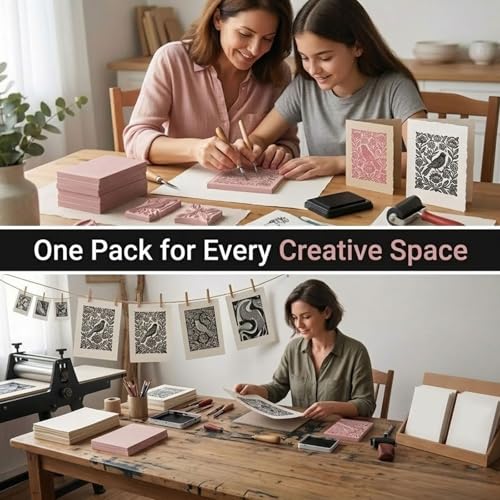 16 Pack Linoleum Blocks for Printmaking, 4x6 Inch Soft Rubber Carving Blocks for Stamp Making, Pink Linocut Blocks for Printmaking Supplies, Block Printing Kit for Beginners & Professionals