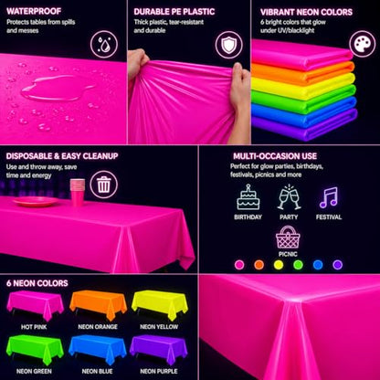 6 Pack Neon Table Cloths, Pink Orange Yellow Green Blue Purple Glow in The Dark Plastic Tablecloth, Disposable Rainbow Table Cover for Glow in Dark Neon Party Supplies Decorations (6)