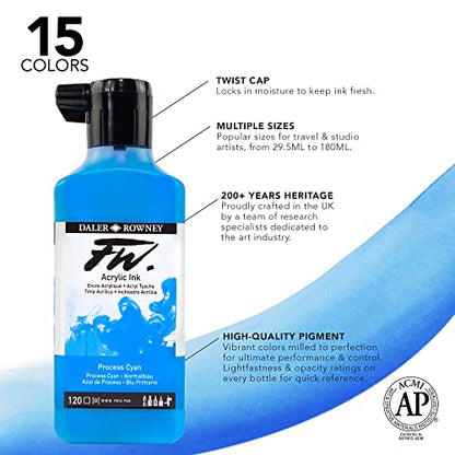 Daler-Rowney FW Acrylic Artists Ink, 180ml/6oz Plastic Bottle, India Ink (D160181028) - size: 6.1 fl oz