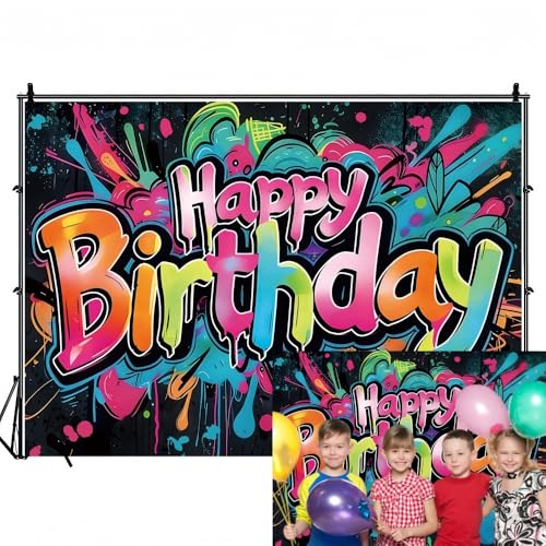 INRUI Colorful Graffiti Happy Birthday Photography Backdrop 6x4FT | Vibrant Drip Graffiti Birthday Art, Lightweight Vinyl, Retro/Hip-hop/Birthday Party Photo Backdrop, Easy Hang & Wipe Clean - size: 6x4FT