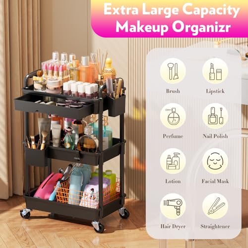 SUNALLY Makeup Cart Organizer with Drawer,3 Tier Rolling Makeup Cart, Black - color: Black, size: 3 Tier