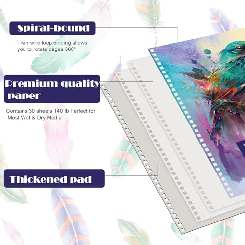 Jetec 12 Pcs 5.5 x 8.5 Inch Watercolor Paper Pad 140lb 300gsm Watercolor Pad Art Supply Acid Free Paper 30 Sheets Each Spiral Bound for Paint Pencil Ink Charcoal Pastel Acrylic Wet Dry Media Artist