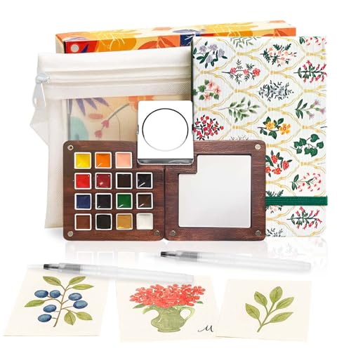 Mini Watercolor Paint Set - 15 Color Travel Watercolor Kit, Pocket Watercolor Paint Palette Set with Watercolor Book, Binder Clips, Pens, Storage Bag, Wooden Paint Box for Painters Artists Student - color: Grass