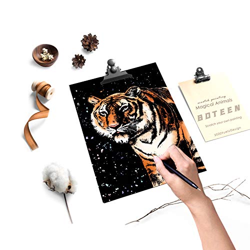 DESINIK Scratch Painting Art for Adults -Scratch Painting Foil Art for Adults, Scratchboard Set(A4) with 4 Tools & 8 Sheets, Animal Series Creative Set (Lion and Bird) - color: Lion and Bird