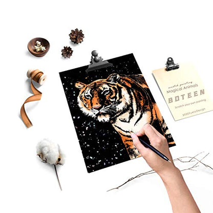 DESINIK Scratch Painting Art for Adults -Scratch Painting Foil Art for Adults, Scratchboard Set(A4) with 4 Tools & 8 Sheets, Animal Series Creative Set (Lion and Bird) - color: Lion and Bird
