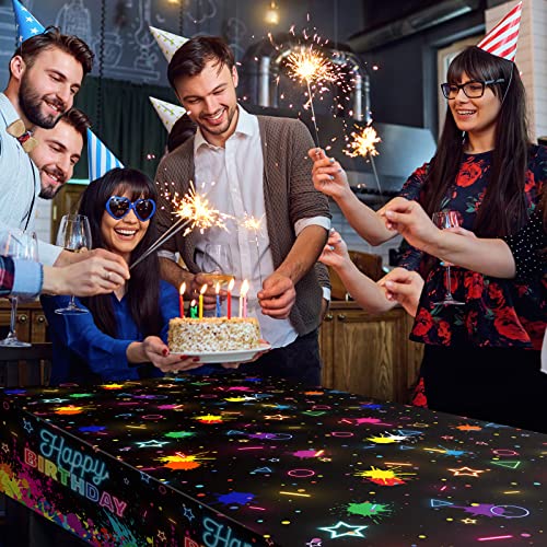 durony 2 Pack Glow in the Dark Birthday Party Tablecloth Neon Plastic Disposable Table Cover Paint Graffiti Happy Birthday Table Decorations for Let's Glow Birthday Party, 54 x 108 Inch - style: Neon Birthday