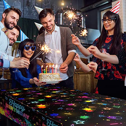 durony 2 Pack Glow in the Dark Birthday Party Tablecloth Neon Plastic Disposable Table Cover Paint Graffiti Happy Birthday Table Decorations for Let's Glow Birthday Party, 54 x 108 Inch - style: Neon Birthday