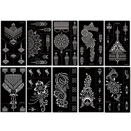 Temporary Tattoo Stencils, 10 Sheets Henna Tattoo Templates for Women Girls - color: Dark Black